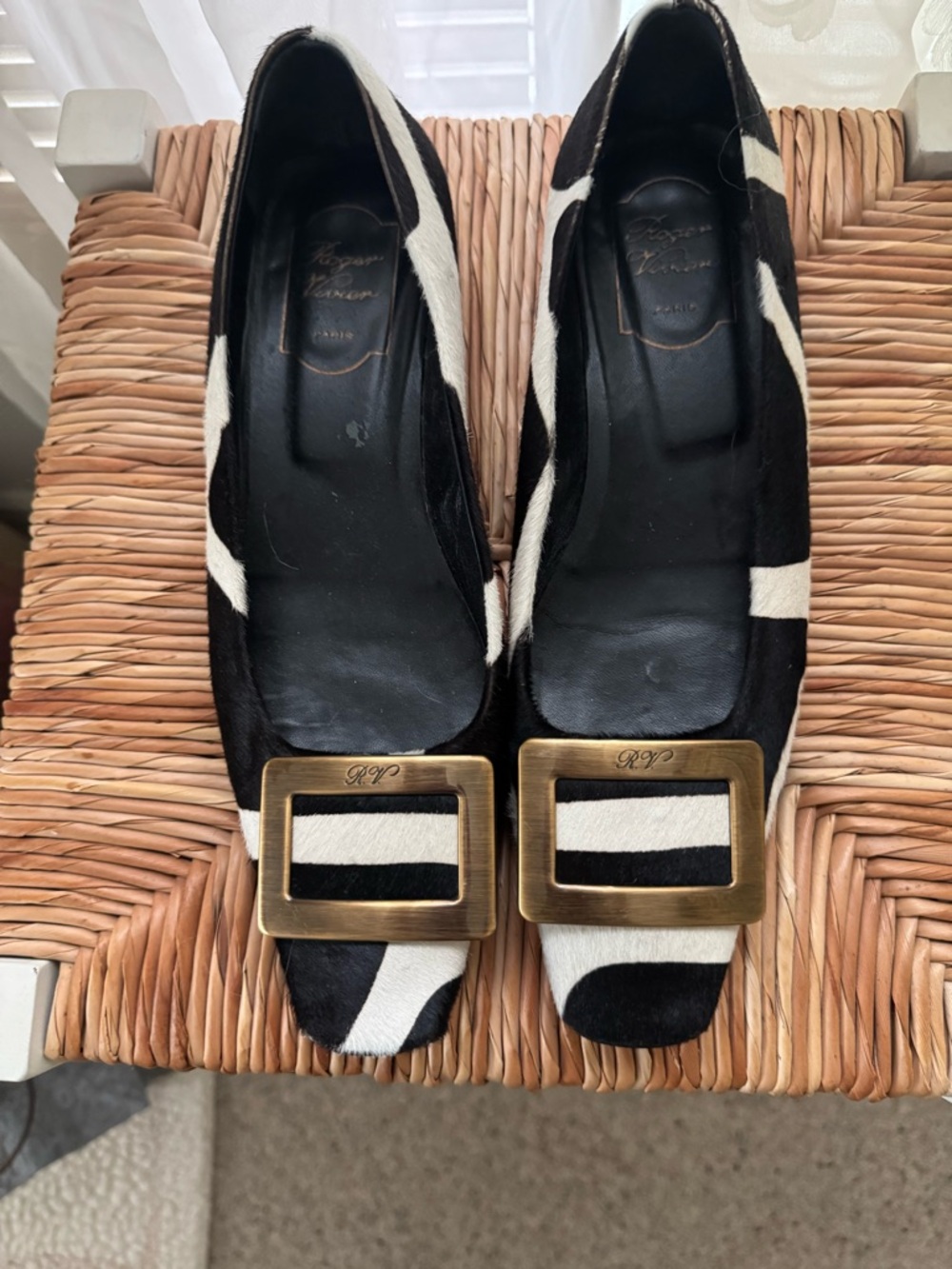 Roger Vivier Black and White Striped Buckle Flats